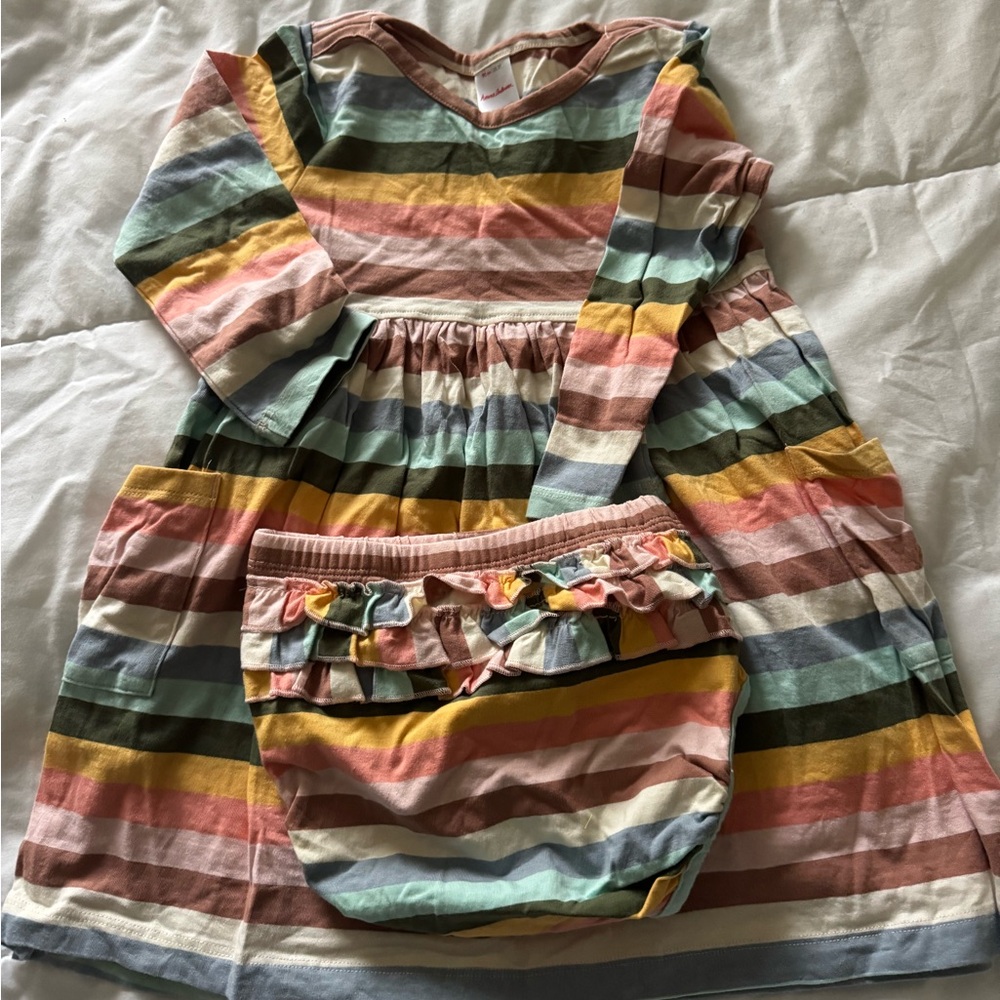 Hanna Andersson Girls Rainbow Stripe Dress with Ruffle Bloomers size 90 (3T)